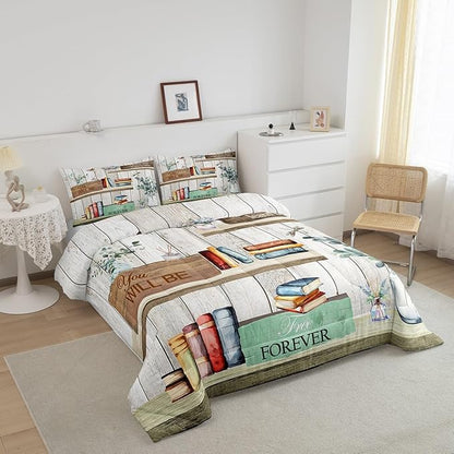 Watercolor Books Comforter Set King,Reading Time Girls Women Bedding Set for Boys Girls Teens Bedroom Decor,Rustic Farmhouse Style Floral Leaves Quilt Set Super Soft Duvet Set,Gift for Her Him
