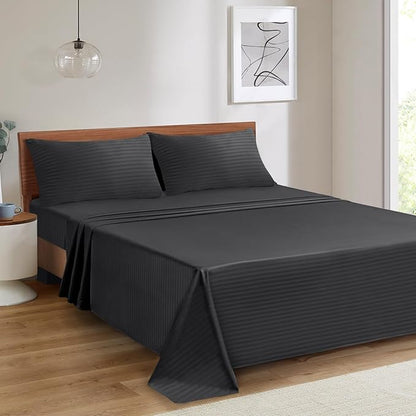 Mejoroom Striped Full Size Sheets – Extra Soft Full Size Bed Sheets - 16inches deep Pocket Full Sheet Set, Breathable, Wrinkle, Fade and Stain Resistant – 4 Piece(02-Black)