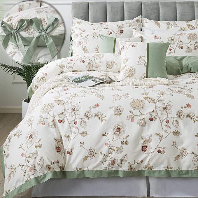 FADFAY Floral Bedding Set Full 100% Cotton Shabby and Chic Beige Green Reversible Duvet Cover Vintage Pink Flower Print Bed Covers Luxury Girls Pretty Bowknot Soft Crisp Zipper Comforter Cover 3Pcs