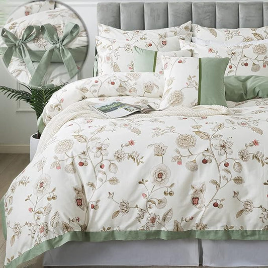 FADFAY Twin XL Duvet Cover Set Floral Bedding Set 100% Cotton College Bedding for Dorm Room Beige Green Reversible Comforter Cover Pink Flower School Students Soft Luxury Shabby 3Pcs, Twin Extra Long