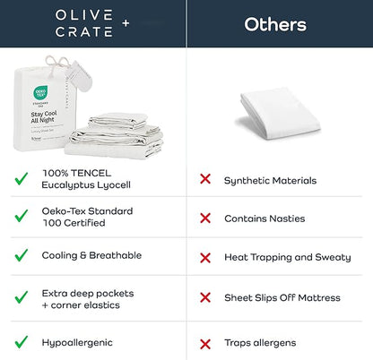 Olive + Crate Tencel Lyocell Eucalyptus Twin XL Sheets - Extra Long Sheet Set - Cooling Tencel Sheets for Hot Sleepers with 16 Inch Deep Pocket Fit - White Snow 3-Piece Set