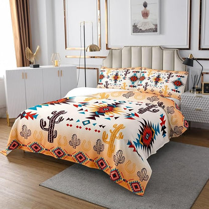 Manfei Geometric Aztec Arrow Kids Bedspread Twin Size,Western Cowboy Horseshoe Cactus Coverlet Set,Boys Girls Room Decor,Native Tribal Ethnic Quilted Coverlet,Rustic Bedding Quilt,1 Pillowcase