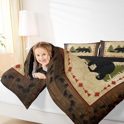 Erosebridal Bear Comforter Set Twin Size Rustic Farmhouse Wildlife Bedding Wild Animals Quilt Country Cabin Lodge Decor Down Comforter Nature Woodland Bear Paw Print Duvet Insert Brown Green