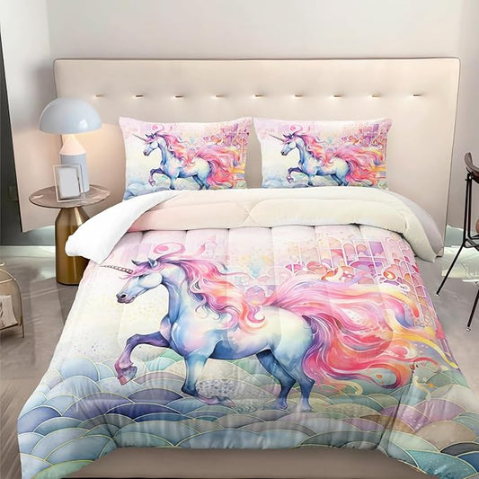 Pink Fantasy Unicorn Comforter Set Full Rainbow Scales Unicorn 3pcs Bedding Set for Girls Boys Kids Cartoon Down Alternative Soft Lightweight Comforter with 2 Pillowcases All Season