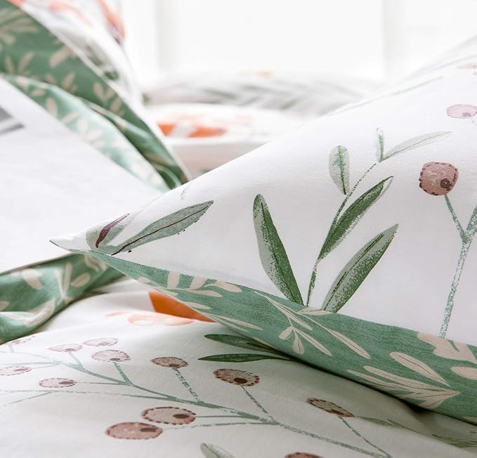 SLEEPBELLA Duvet Cover King, 600 Thread Count Cotton 3pcs Bedding Set Yellow Flowers and Green Branches Printed on White Reversible Comforter Cover