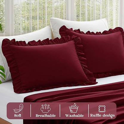 KKJIAF Ruffle Pillow Cases King Size Set of 2, Ruffled Pillow Covers with Envelope Closure, Wrinkle Resistant Ruffled Pillow Shams 20" x 36", Burgundy