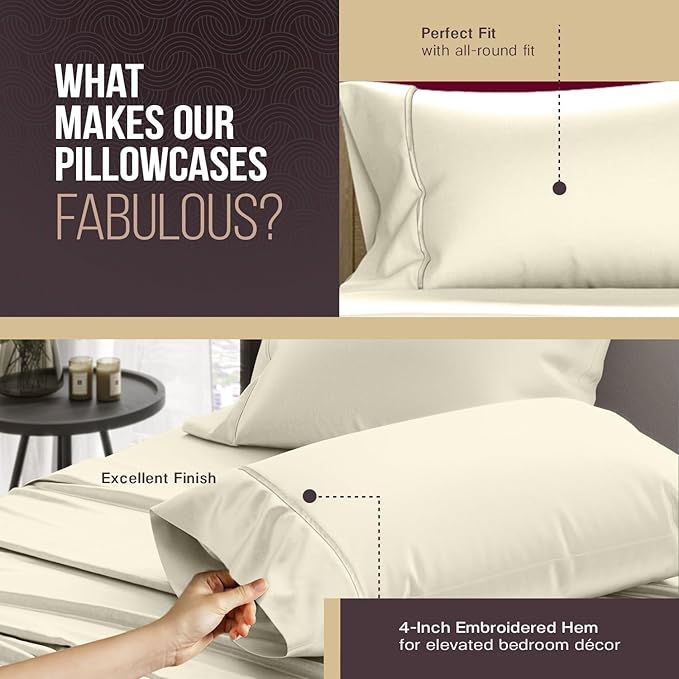 TEXAS LINEN CO. 100% Egyptian Cotton Pillowcases King Size - 2000 Series Luxury Cotton Pillow Case Set of 2, Soft Cooling Breathable, Envelope Closure Hotel Quality Pillowcase (21 x 41, Ivory)