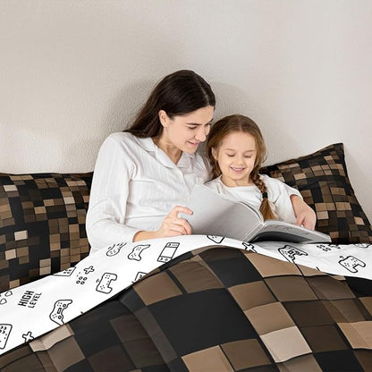 Pixel Grid Miners Comforter Set Full Size,Video Games Plaid Lattice Kids Bedding Set,Geometric Modern Check Quilt Comforter,Brown Duvet Insert,2 Pillowcases