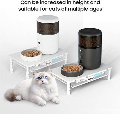 W‌SOWX Adjustable Automatic Cat Feeder Stand, Elevated Cat Food Stand,White | With Drawer and Cat Food Mat,Raises Feeder/Bowls by 4.1"/4.9"/5.7",Relieves Spine and Joints Noticeably on Pets-Sturdy Metal