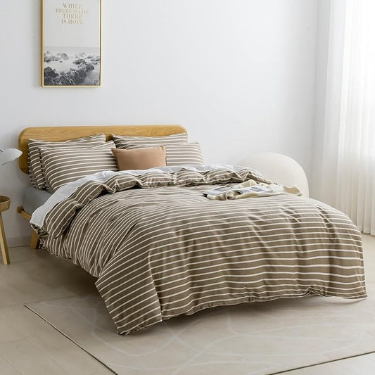 JELLYMONI Queen Duvet Cover Set, Cotton Duvet Cover 3 Pieces with Zipper Closure, 1 Duvet Cover and 2 Pillowcases(Khaki with White Striped)