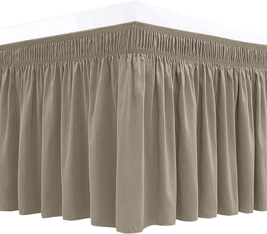 Biscaynebay Wrap Around Bed Skirts for Queen Beds Short Drop of 12", Taupe Adjustable Elastic Dust Ruffles Easy Fit Wrinkle Resistant Silky Luxurious Fabric Machine Washable
