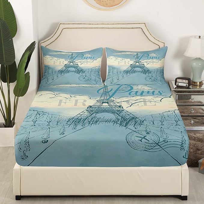 Eiffel Tower Bed Sheets Set Retro Paris Style Fitted Sheet Vintage Cityscape Bedding Set for Bedroom Decor Boys Girls Landmark Sheet (King Flat Sheet & Fitted Sheet with 2 Pillow Case)