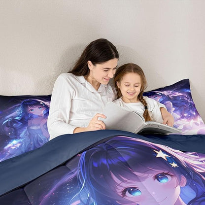 Erosebridal Anime Girls Bedding Anime Gifts Comforter Set for Kids Purple 3D Galaxy Printing Bedding Sets, Cartoon Long Curly Hair Girly Printed Comforter Kids Kawaii Japanese Girl Bed Set, King