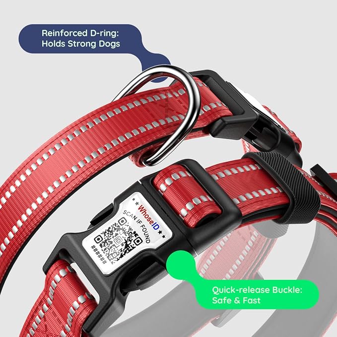 Airtag Dog Collar, Reflective Ultra-Durable Nylon Padded with QR Code Buckle & IP68 Waterproof Air Tag Holder Compatible for Apple AirTag, Comfortable for Small Medium Large Dogs(Red,S)