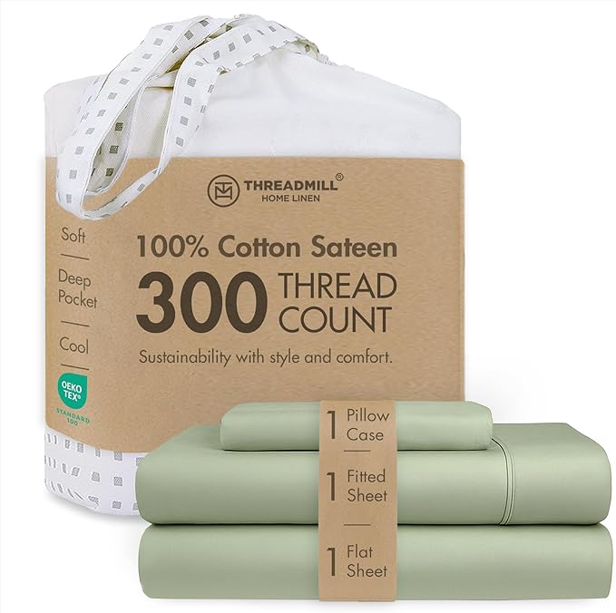 Threadmill Cotton Twin XL Sheet Set | 100% Cotton Sheets for Twin XL Size Bed | Solid Sateen Twin XL Bed Sheets Set with 16” Deep Pocket | Soft Breathable 3-Piece Cooling Sheet Set | Sage Green