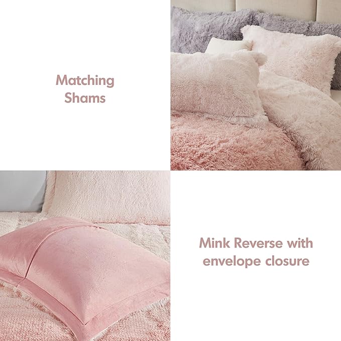 Intelligent Design Brielle, Long Shaggy Faux Fur Comforter Set, Plush Reverse, Trendy Ombre Design, Modern, Cozy All Season Bedding, Matching Sham, Full/Queen(90"x90") Blush 3 Piece