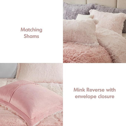 Intelligent Design Brielle, Long Shaggy Faux Fur Comforter Set, Plush Reverse, Trendy Ombre Design, Modern, Cozy All Season Bedding, Matching Sham, Full/Queen(90"x90") Blush 3 Piece