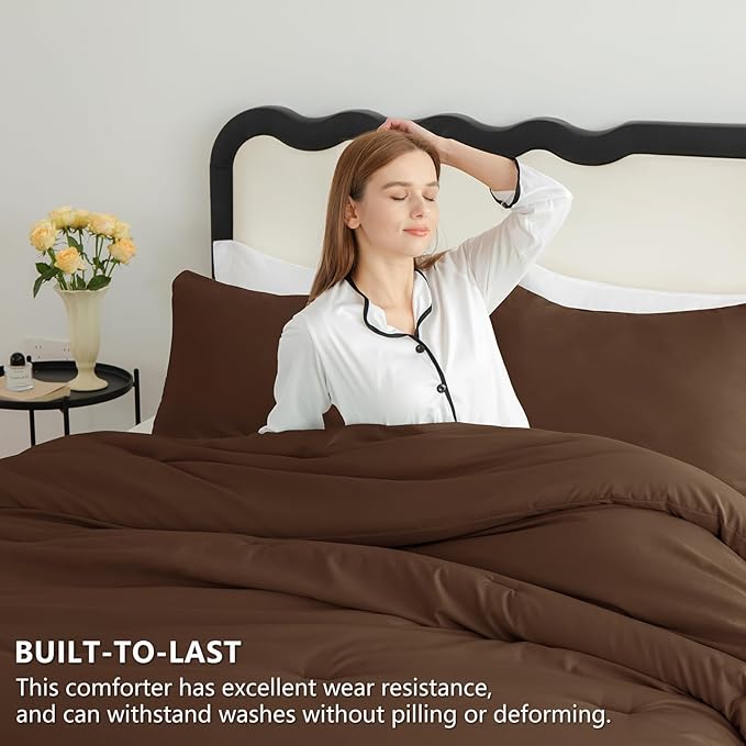 CozyLux King Size Comforter Set Brown, 3 Pieces Solid Comforters King Size Breathable Quilted Bedding Sets, Luxury Soft Lightweight Bed Set with Down Alternative Comforter and 2 Pillowcases All Season