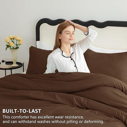 CozyLux Full Size Comforter Set Brown, 3 Pieces Solid Breathable Quilted Bedding Sets, Luxury Lightweight Soft Bed Set with Down Alternative Comforter and 2 Pillowcases for All Seasons
