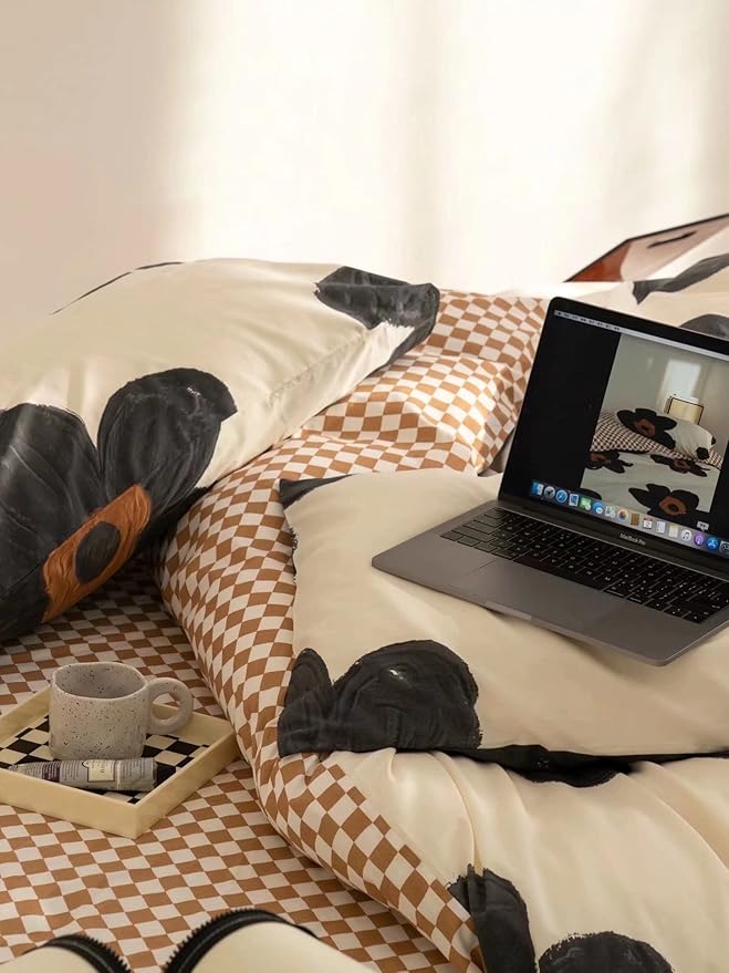 Houseri Black Sunflower Comforter Set King Beige White 3D Floral Bedding King Size Comforters Sets for Women Girls Elegant Beige and Brown Plaid Comforter King Vintage Grand Flowers Bed Quilts King