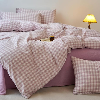 EAVD Vintage Style Gingham Duvet Cover Queen Purple White Soft 100% Washed Cotton Chic Grid Checkered Bedding Set with 2 Pillowcases Farmhouse Purple Plaid Duvet Cover with Zipper Closure