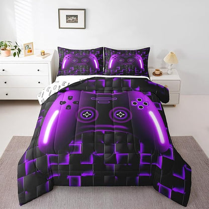 Gaming King Size Bedding Sets For Kids Boys Teen Girls Game Controller Comforter Set 3Pcs Gamer Bedding For All Season,Purple And Black Geometric Checkered Quilt Set For Young Men,Soft Lightweight
