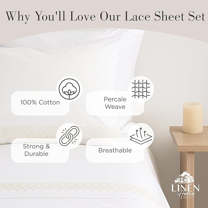Linen Home 100% Cotton Percale Floral Scallop Lace Pillowcases Queen/Standard Size, White, 2 Pieces of Pillow Case, Crisp and Cool Strong Bed Linen, 20 inches X 30 inches