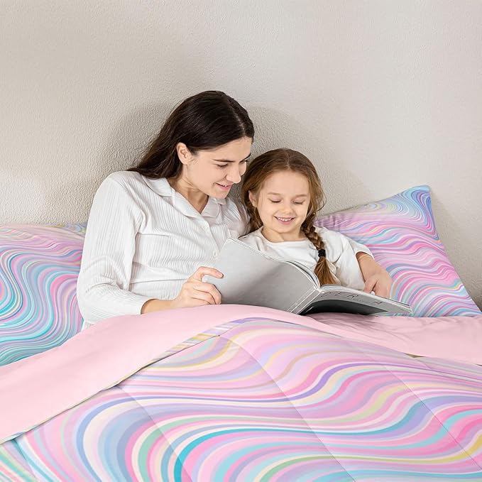 Feelyou Girls Pink Comforter Set Full Size Kids Rainbow Stripe Bedding Set for Boys Teens Women Die Tye Comforter Breathable Geometric Duvet Princess Decor Quilt,1 Comforter with 2 Pillowcase