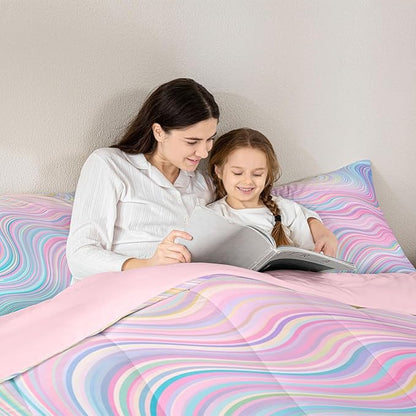 Feelyou Girls Pink Comforter Set Full Size Kids Rainbow Stripe Bedding Set for Boys Teens Women Die Tye Comforter Breathable Geometric Duvet Princess Decor Quilt,1 Comforter with 2 Pillowcase