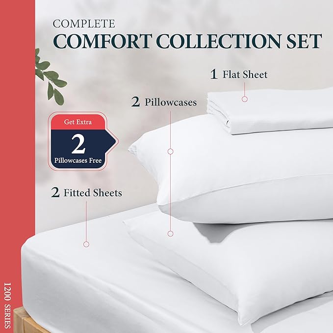 Ashton Sheets 100% Egyptian Cotton Split King Sheets Sets for Adjustable Bed - Luxury 1200 Thread Count Split Head King Sheets Sets (5 PC, White), Cooling, Sateen Weave 17" Deep Pocket Twin XL Sheet