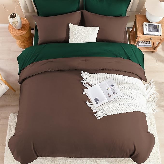 Litanika King Comforter Sets Brown Emerald Green- 7 Pieces Bed in a Bag Beddding Sets, Solid Lightweight Bed Set with Comforter, Sheets, Pillowcases & Shams