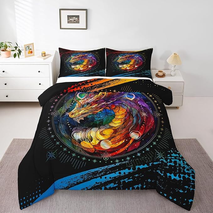 Feelyou Dragon Comforter Set Full Size Dragon Stuff Comforter for Boys Girls Teens Wild Life Bedding Set Dragon Decor Duvet Set Room Decor Black Orange Yellow Quilt Set