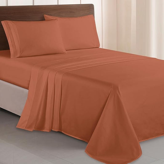 Elegant Comfort Luxurious 1500 Premium Hotel Quality Microfiber Three Line Embroidered Softest 4-Piece Bed Sheet Set, Wrinkle and Fade Resistant, King, Coral
