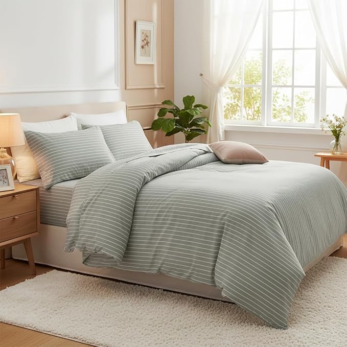 Nayoroom Green Striped Duvet Cover Queen Size 100% Washed Cotton White Pinstripe Duvet Cover 3 Pieces Soft Breathable Girls Dorm Bedding Set for All Seasons, Yarn Dyed Process