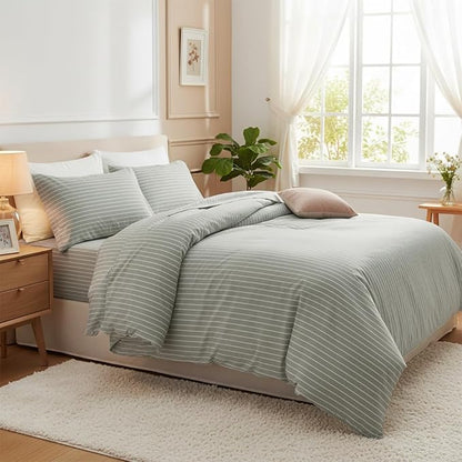 Nayoroom Green Striped Duvet Cover Queen Size 100% Washed Cotton White Pinstripe Duvet Cover 3 Pieces Soft Breathable Girls Dorm Bedding Set for All Seasons, Yarn Dyed Process