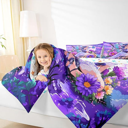 Erosebridal Fairy Girl Bedding Sets Queen - Flower Fairytale Comforter Set for Kids Adults Blue Butterfly Floral Decor Duvet Insert Purple Galaxy Moon Quilt