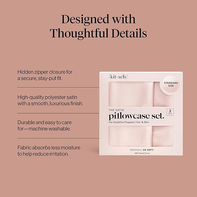 Kitsch Satin Pillowcase with Zipper for Hair & Skin - Softer Than Silk Pillow Cases, Smooth Cooling Satin Pillow Case, Wrinkle-Free, Machine Washable - Pillow Cases Standard Size 19x26 - Blush, 2pcs