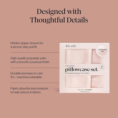Kitsch Satin Pillowcase with Zipper for Hair & Skin - Softer Than Silk Pillow Cases, Smooth Cooling Satin Pillow Case, Wrinkle-Free, Machine Washable - Pillow Cases Standard Size 19x26 - Blush, 2pcs