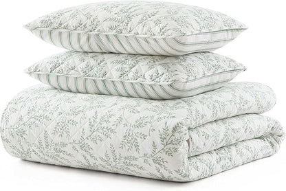 Martha Stewart - Twin Quilt Set, 100% Soft & Breathable Bedding with a Lightweight Feel for Year Round Comfort, 2 Piece Bed Set with Matching Pillowcase (Murray Leaves Green)