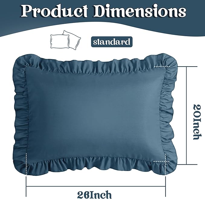 KKJIAF Ruffle Pillow Cases Standard Size Set of 2, Ruffled Pillow Covers with Envelope Closure, Wrinkle Resistant Ruffled Pillow Shams 20" x 26", Dark Blue