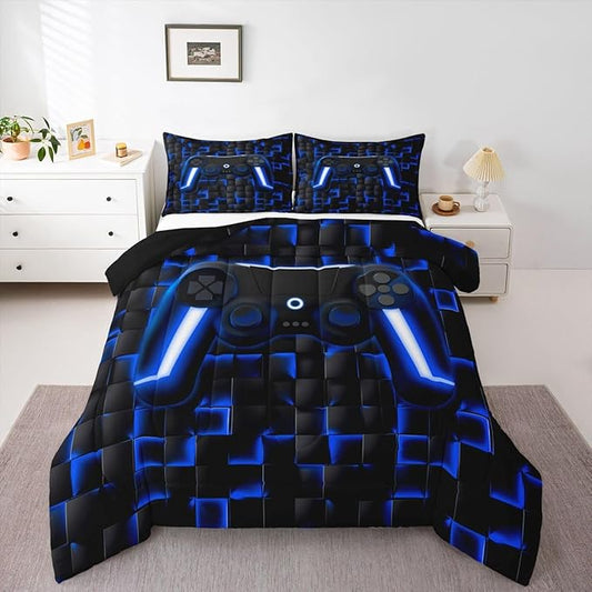 Erosebridal Gamer Full Comforter Set for Boys Blue Gaming Kids Bedding Set Geometric Game Console Comforter for Teen Video Game Room Decor 3 Piece Neon Lights Gamepad Lightweight Bed Comforter Set