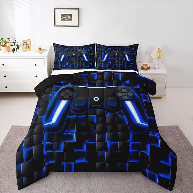 Erosebridal Gamer King Comforter Set for Boys Blue Gaming Kids Bedding Set Geometric Game Console Comforter for Teen Video Game Room Decor 3 Piece Neon Lights Gamepad Lightweight Bed Comforter Set
