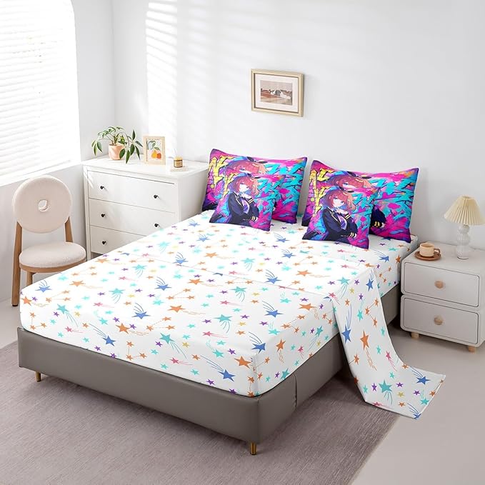 Erosebridal 7 Piece Girls Japanese Anime Comforter Set Full, Kawaii Anime Girl Bedding Sets Cartoon Girl Sheet Set for Kids Teens Adult Room Decor,Japanese Animation Sci Fi Style Bed in A Bag