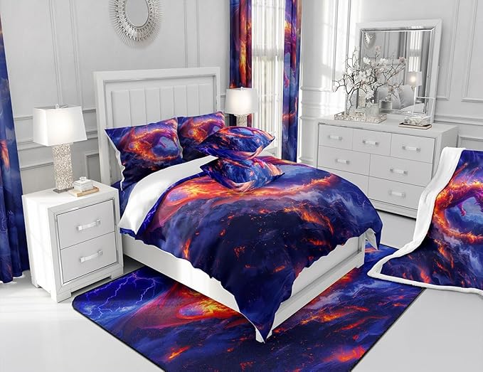 Fire Dragon Comforter Set Queen Size,Galaxy Starry Sky Flame Dragon Bedding Set,Kids Girls Boys Teens Bedroom Decor,Western Magical Style Quilt Set Lightning Wild Animals Duvet Insert,2 Pillowcases