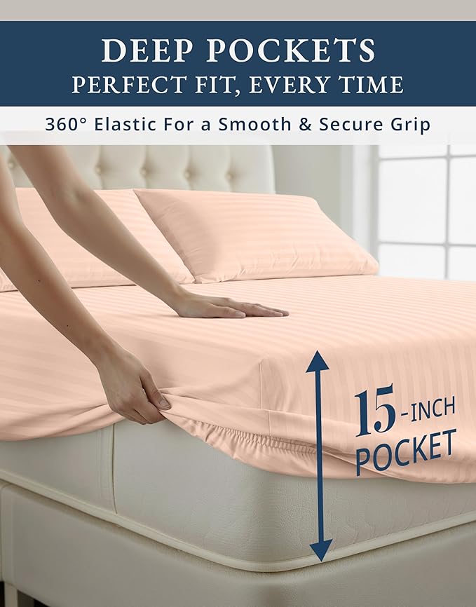 LANE LINEN 100% Egyptian Cotton Bed Sheets Queen Size, Long Staple Soft & Comfy Sateen Weave No Pill Queen Size Bedding Set, Machine wash 15'' Deep Pocket Queen Sheets Damask Stripe - Veiled Rose