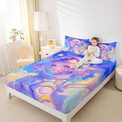 Erosebridal Watercolor Anime Girl Bedding Set, 3D Anime Fitted Sheet 3Pcs Cosmo Galaxy Sci-Fi Virtual Reality Sheets for Boys Girls Graffti Stars Print Bed Sheets Full, No Top Sheet