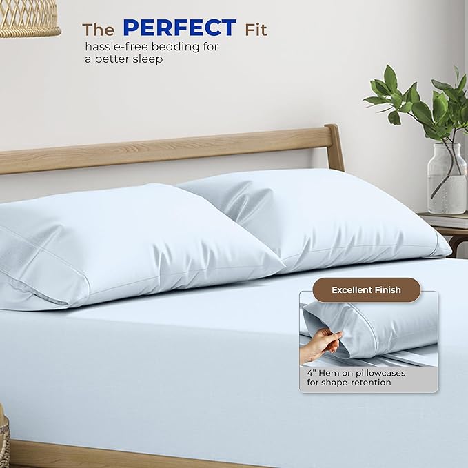 Thread Spread 100% Egyptian Cotton Pillow Cases Queen Size Set of 2 - Luxury 1000 Series Paradise Collection Queen Pillow Cases (Light Blue), Soft Cooling Sateen Hotel Egyptian Cotton Pillowcases