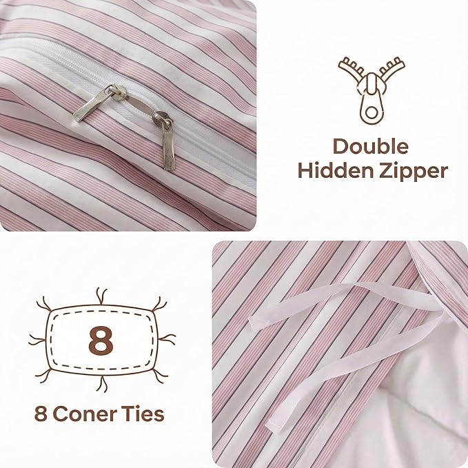 Bedbay Cotton Striped Duvet Cover Set King Size, Soft Blush Pink Stripe Bedding Set, 100% Cotton Sateen, Minimal Casual Hotel Style Duvet Cover 3 Piece for All Seasons