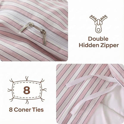 Bedbay Cotton Striped Duvet Cover Set King Size, Soft Blush Pink Stripe Bedding Set, 100% Cotton Sateen, Minimal Casual Hotel Style Duvet Cover 3 Piece for All Seasons