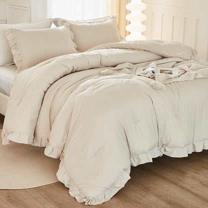 Litanika Comforter Twin Size Set Beige, 2 Pieces Ruffle Lightweight Bedding Comforter Set, Fluffy Bed Set (66x90In Comforter, 1 Pillowcase)